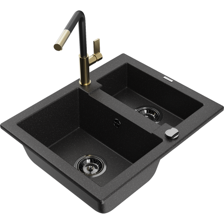 Mexen Carlos granite sink 1.5-bowl with Flora kitchen faucet, black/silver metallic - 6518-73-670401-57-B