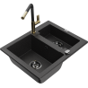 Mexen Carlos granite sink 1.5-bowl with Flora kitchen faucet, black/silver metallic - 6518-73-670401-57-B