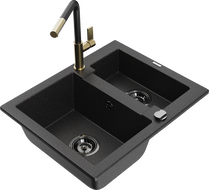 Mexen Carlos granite sink 1.5-bowl with Flora kitchen faucet, black/silver metallic - 6518-73-670401-57-B