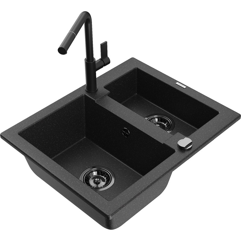 Mexen Carlos 1.5-bowl granite sink with Flora kitchen faucet, black/silver metallic - 6518-73-670401-70-B
