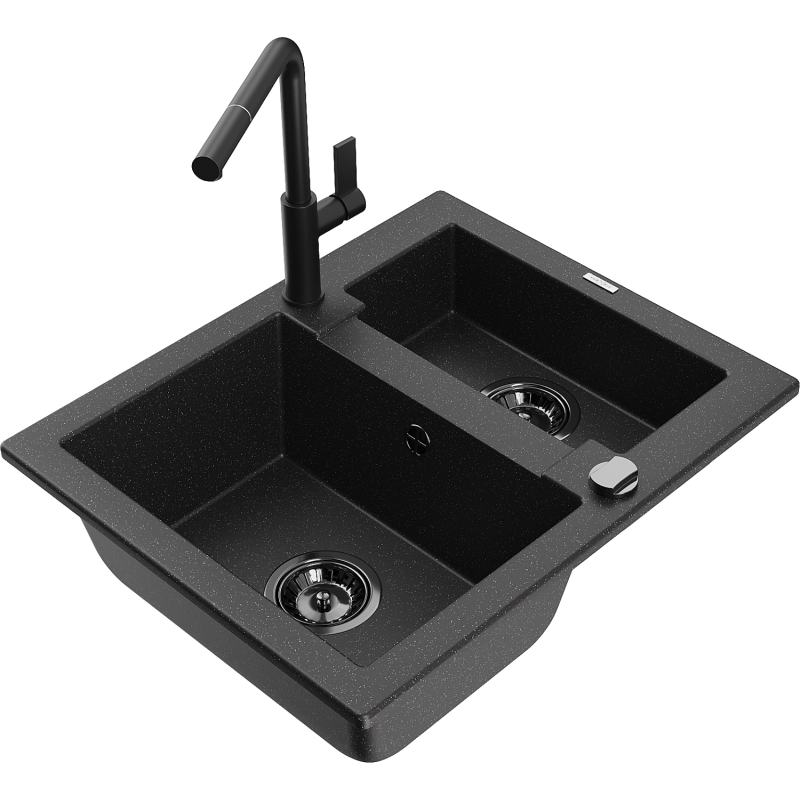 Mexen Carlos 1,5-compartment granite sink with a kitchen mixer tap Flora, Black/Silver metallic - 6518-73-670401-70-B