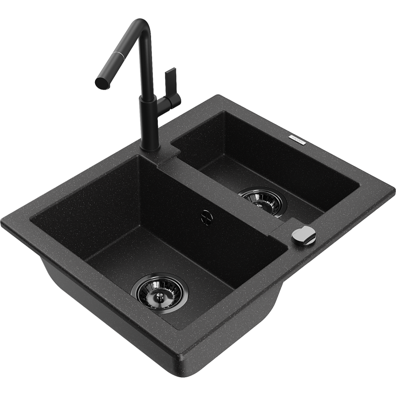 Mexen Carlos granite sink 1.5-bowl with Flora kitchen tap, black/silver metallic - 6518-73-670401-70-B