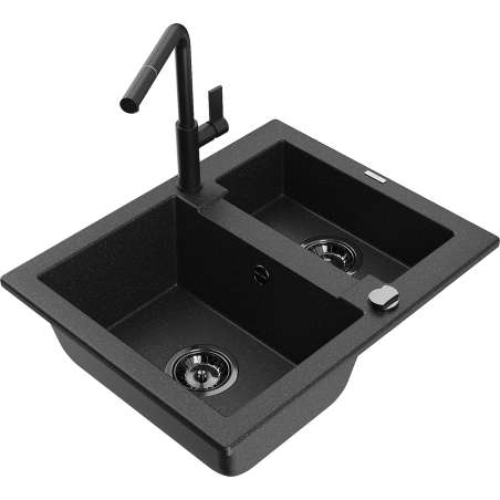 Mexen Carlos 1.5-bowl granite sink with Flora kitchen faucet, black/silver metallic - 6518-73-670401-70-B