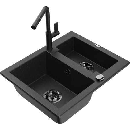 Mexen Carlos granite sink 1.5-bowl with Flora kitchen tap, black/silver metallic - 6518-73-670401-70-B