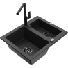 Mexen Carlos 1.5-bowl granite sink with Flora kitchen faucet, black/silver metallic - 6518-73-670401-70-B