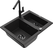 Mexen Carlos granite sink 1.5-bowl with Flora kitchen faucet, black/silver metallic - 6518-73-670401-70-B