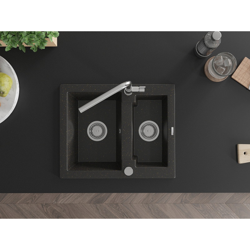 Mexen Carlos 1.5-bowl granite sink with Flora kitchen faucet, black/gold metallic - 6518-75-670401-00