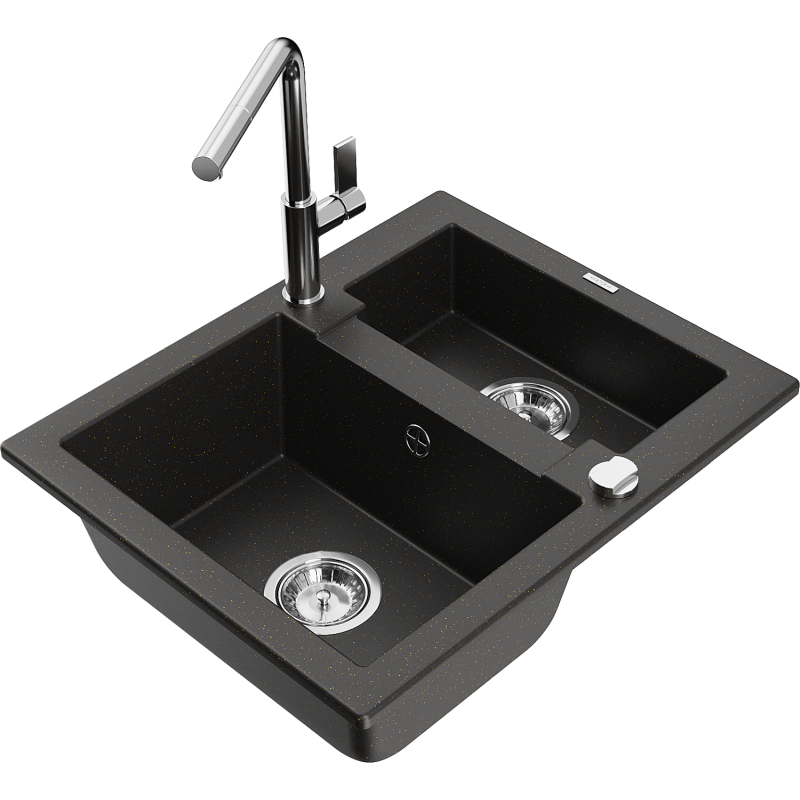 Mexen Carlos granite sink 1.5-bowl with Flora kitchen tap, black/gold metallic - 6518-75-670401-00