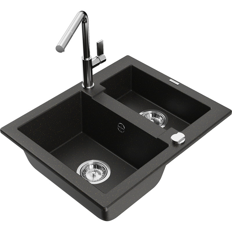 Mexen Carlos granite sink 1.5-bowl with kitchen faucet Flora, black/gold metallic - 6518-75-670401-00