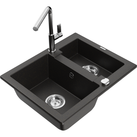 Mexen Carlos 1.5-bowl granite sink with Flora kitchen faucet, black/gold metallic - 6518-75-670401-00