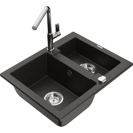 Mexen Carlos granite sink 1.5-bowl with Flora kitchen tap, black/gold metallic - 6518-75-670401-00