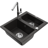 Mexen Carlos granite sink 1.5-bowl with Flora kitchen tap, black/gold metallic - 6518-75-670401-00