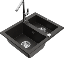 Mexen Carlos 1.5-bowl granite sink with Flora kitchen faucet, black/gold metallic - 6518-75-670401-00