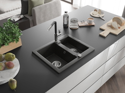 Mexen Carlos granite sink 1.5-bowl with kitchen faucet Flora, black/gold metallic - 6518-75-670401-07