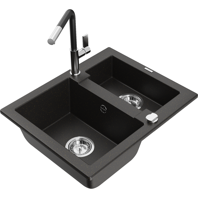Mexen Carlos 1.5-bowl granite sink with Flora kitchen tap, black/gold metallic - 6518-75-670401-07