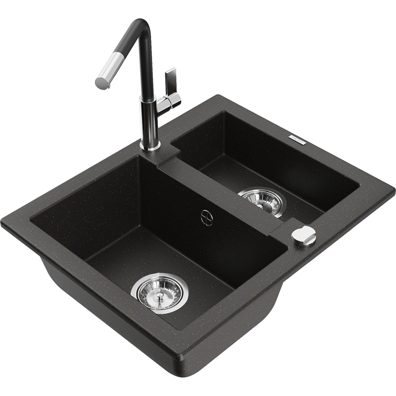 Mexen Carlos 1,5-compartment granite sink with a kitchen mixer tap Flora, Black/Gold metallic - 6518-75-670401-07