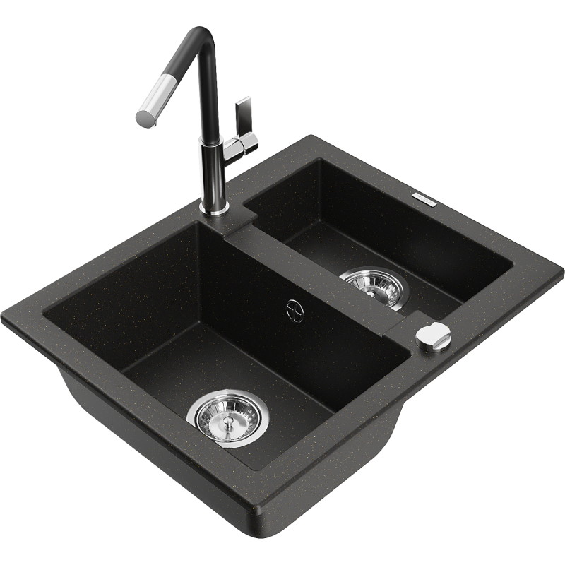 Mexen Carlos granite sink 1.5-bowl with Flora kitchen faucet, black/gold metallic - 6518-75-670401-07