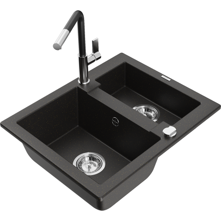 Mexen Carlos 1.5-bowl granite sink with Flora kitchen tap, black/gold metallic - 6518-75-670401-07