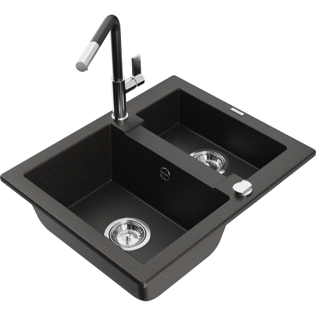 Mexen Carlos granite sink 1.5-bowl with Flora kitchen faucet, black/gold metallic - 6518-75-670401-07