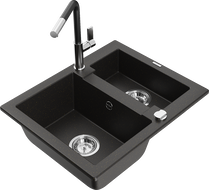 Mexen Carlos granite sink 1.5-bowl with kitchen faucet Flora, black/gold metallic - 6518-75-670401-07