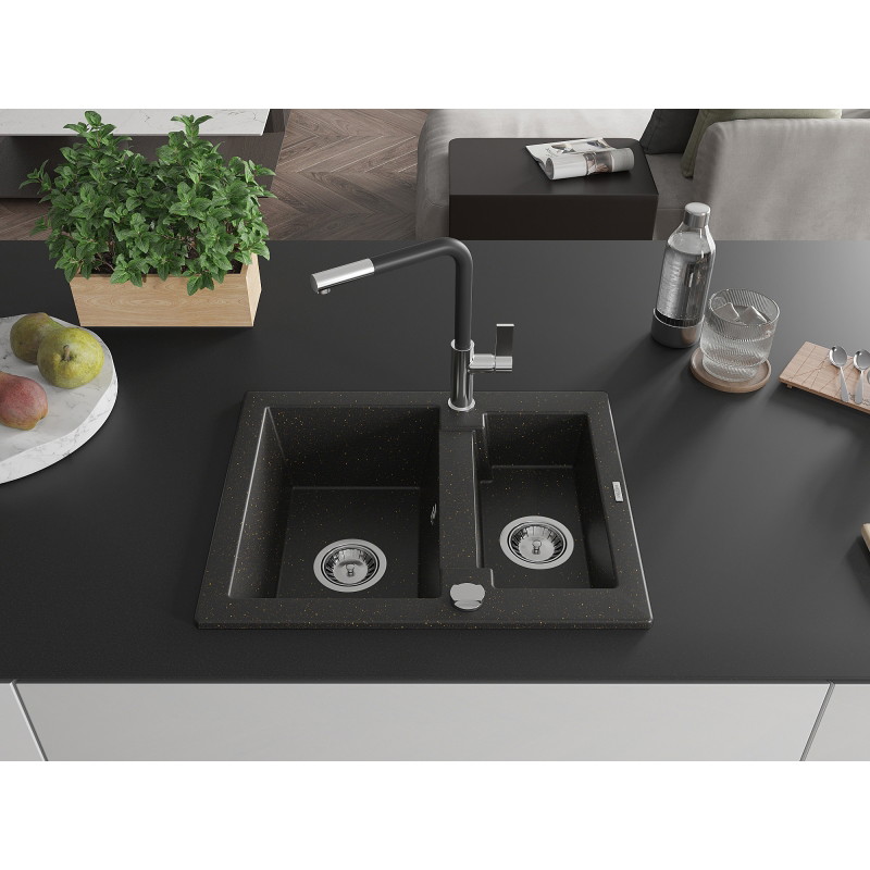 Mexen Carlos granite sink 1.5-bowl with kitchen faucet Flora, black/gold metallic - 6518-75-670401-07
