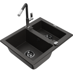 Mexen Carlos 1,5-compartment granite sink with a kitchen mixer tap Flora, Black/Gold metallic - 6518-75-670401-07-B