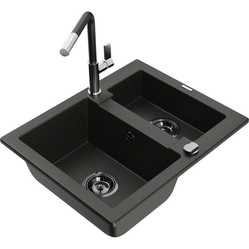 Mexen Carlos 1.5-Bowl Granite Sink with Flora Kitchen Faucet, Black/Gold Metallic - 6518-75-670401-07-B