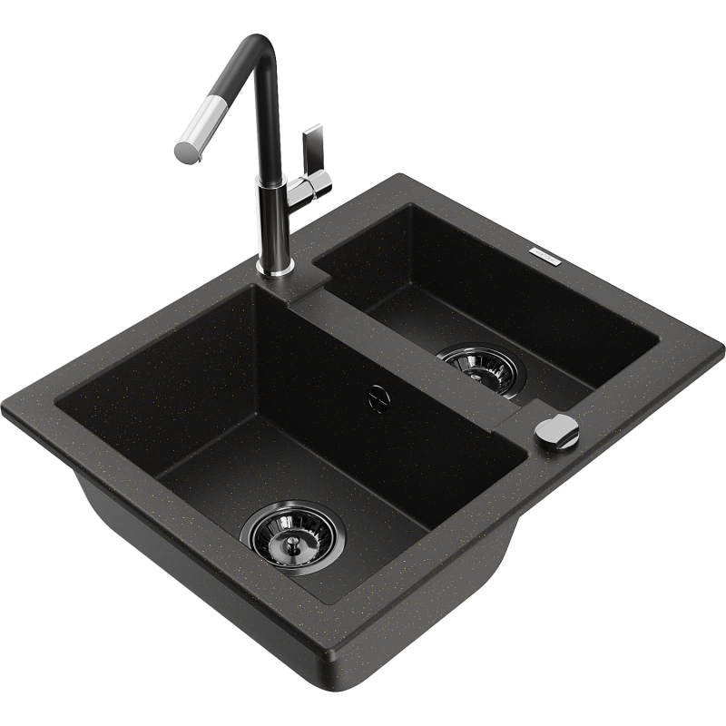 Mexen Carlos 1.5-bowl granite sink with Flora kitchen tap, black/golden metallic - 6518-75-670401-07-B