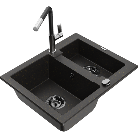 Mexen Carlos 1.5-Bowl Granite Sink with Flora Kitchen Faucet, Black/Gold Metallic - 6518-75-670401-07-B