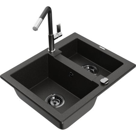 Mexen Carlos 1.5-bowl granite sink with Flora kitchen tap, black/golden metallic - 6518-75-670401-07-B