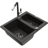 Mexen Carlos granite sink 1.5-bowl with Flora kitchen faucet, black/gold metallic - 6518-75-670401-07-B