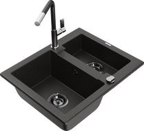 Mexen Carlos 1.5-Bowl Granite Sink with Flora Kitchen Faucet, Black/Gold Metallic - 6518-75-670401-07-B
