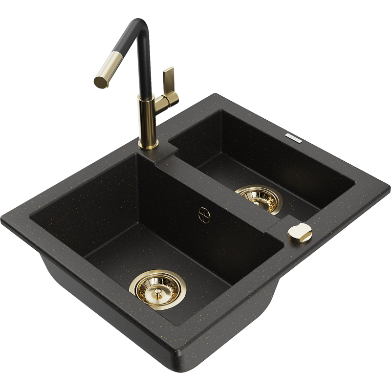 Mexen Carlos 1.5-bowl granite sink with Flora kitchen tap, black/gold metallic - 6518-75-670401-57-G