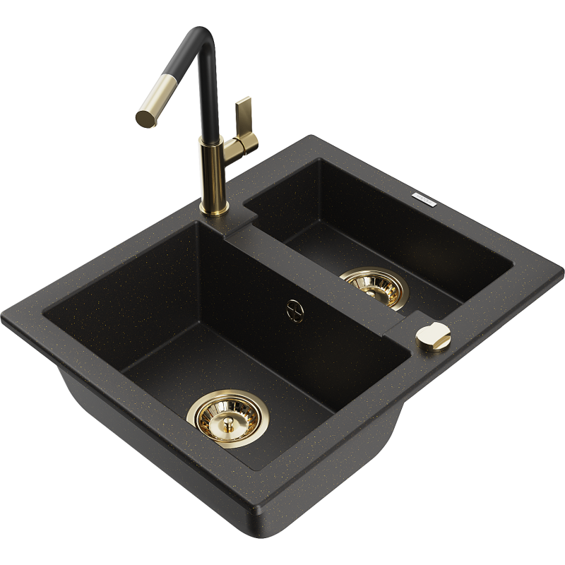 Mexen Carlos 1,5-compartment granite sink with a kitchen mixer tap Flora, Black/Gold metallic - 6518-75-670401-57-G