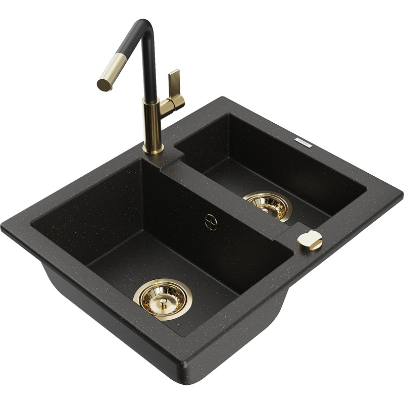 Mexen Carlos black/gold metallic granite kitchen sink 1.5-bowl with Flora kitchen faucet - 6518-75-670401-57-G