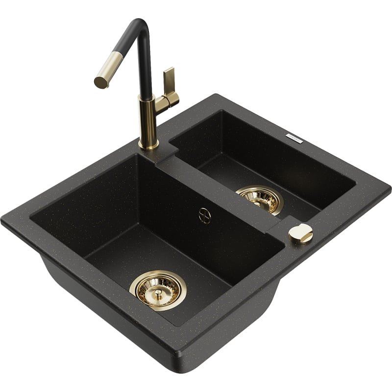 Mexen Carlos granite sink 1.5-bowl with Flora kitchen faucet, black/gold metallic - 6518-75-670401-57-G