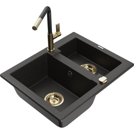 Mexen Carlos 1.5-bowl granite sink with Flora kitchen tap, black/gold metallic - 6518-75-670401-57-G