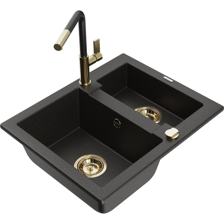 Mexen Carlos black/gold metallic granite kitchen sink 1.5-bowl with Flora kitchen faucet - 6518-75-670401-57-G
