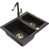 Mexen Carlos black/gold metallic granite kitchen sink 1.5-bowl with Flora kitchen faucet - 6518-75-670401-57-G
