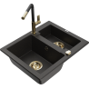 Mexen Carlos granite sink 1.5-bowl with Flora kitchen faucet, black/gold metallic - 6518-75-670401-57-G