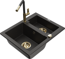 Mexen Carlos granite sink 1.5-bowl with Flora kitchen faucet, black/gold metallic - 6518-75-670401-57-G