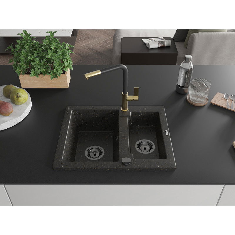 Mexen Carlos granite sink 1.5-bowl with Flora kitchen tap, black/gold metallic - 6518-75-670401-57-B