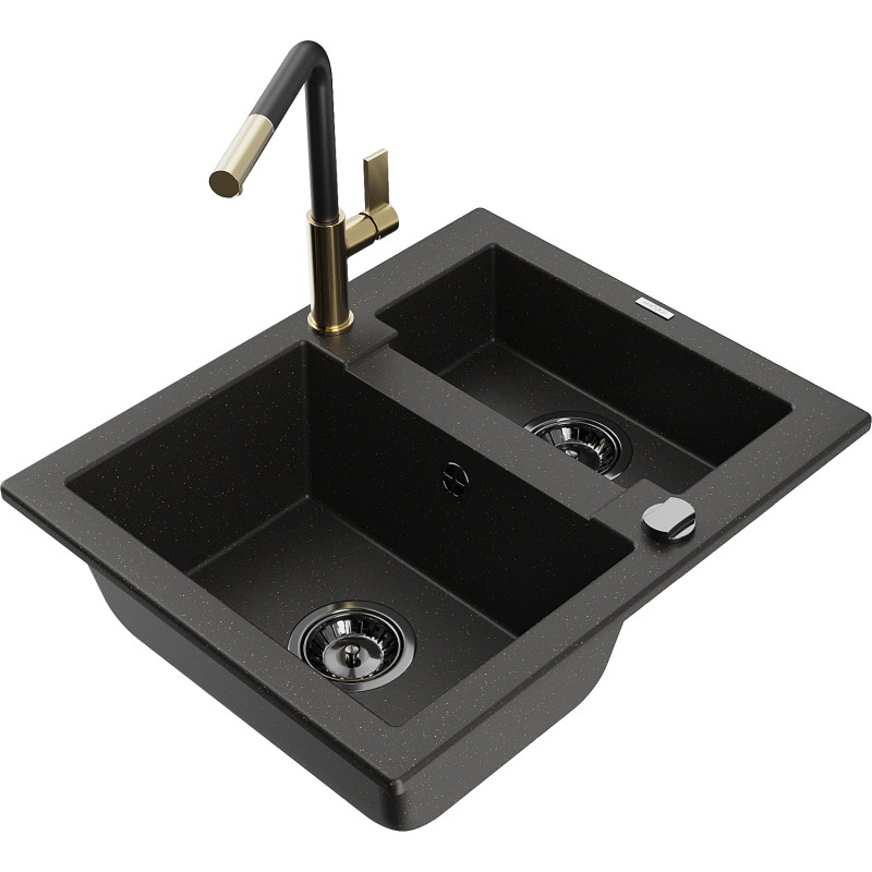 Mexen Carlos granite sink 1.5-bowl with Flora kitchen faucet, black/gold metallic - 6518-75-670401-57-B