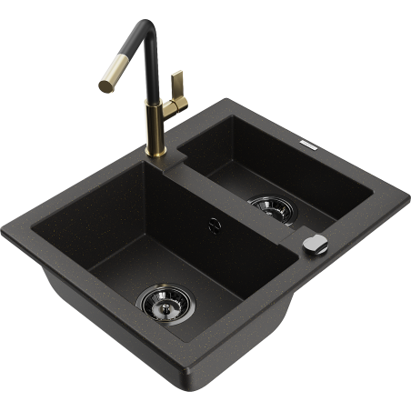 Mexen Carlos granite sink 1.5-bowl with Flora kitchen faucet, black/gold metallic - 6518-75-670401-57-B