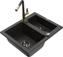 Mexen Carlos granite sink 1.5-bowl with Flora kitchen faucet, black/gold metallic - 6518-75-670401-57-B