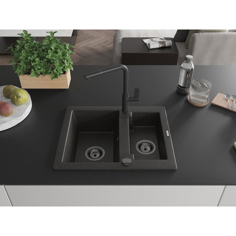 Mexen Carlos granite kitchen sink 1.5-bowl with Flora kitchen faucet, black/gold metallic - 6518-75-670401-70-B