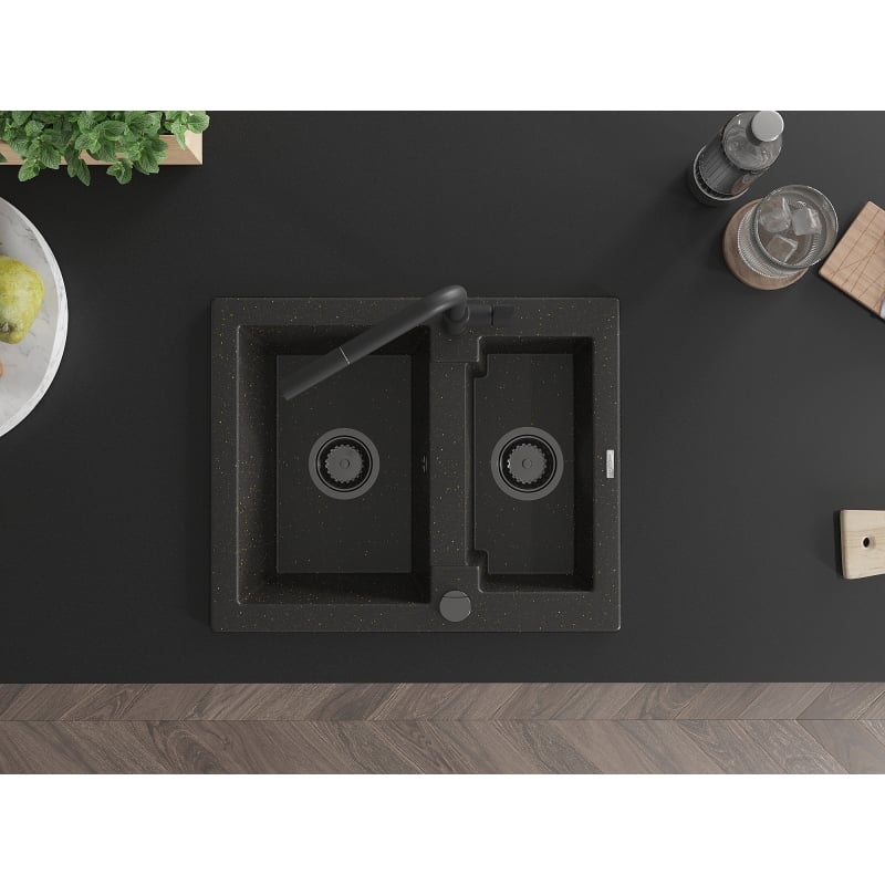 Mexen Carlos granite sink 1.5-bowl with Flora kitchen faucet, black/gold metallic - 6518-75-670401-70-B