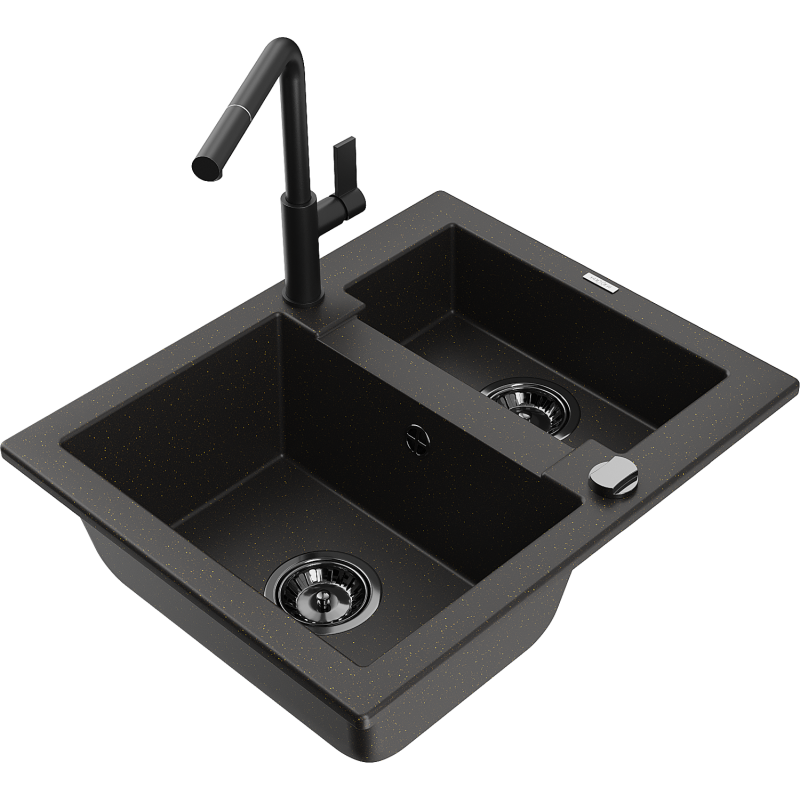 Mexen Carlos 1.5-bowl granite sink with Flora kitchen tap, black/gold metallic - 6518-75-670401-70-B