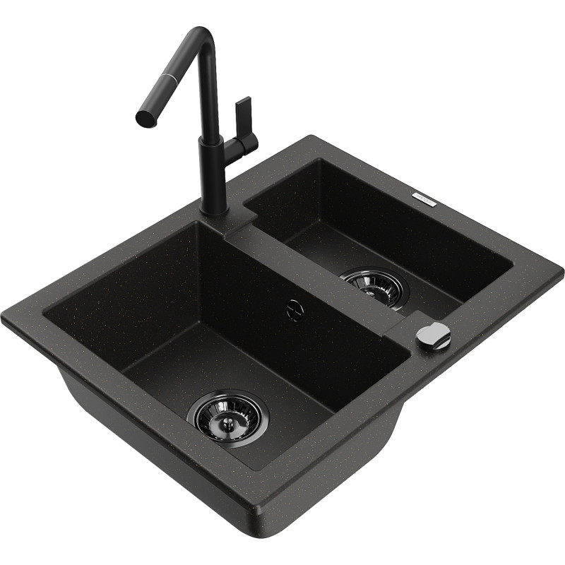 Mexen Carlos granite sink 1.5-bowl with Flora kitchen faucet, black/gold metallic - 6518-75-670401-70-B