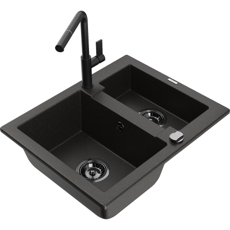 Mexen Carlos granite sink 1.5-bowl with Flora kitchen faucet, black/gold metallic - 6518-75-670401-70-B